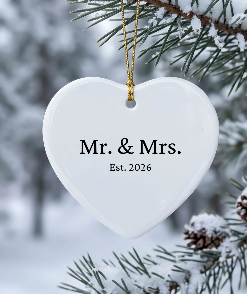 Mr. & Mrs. ceramic heart ornament, gold string