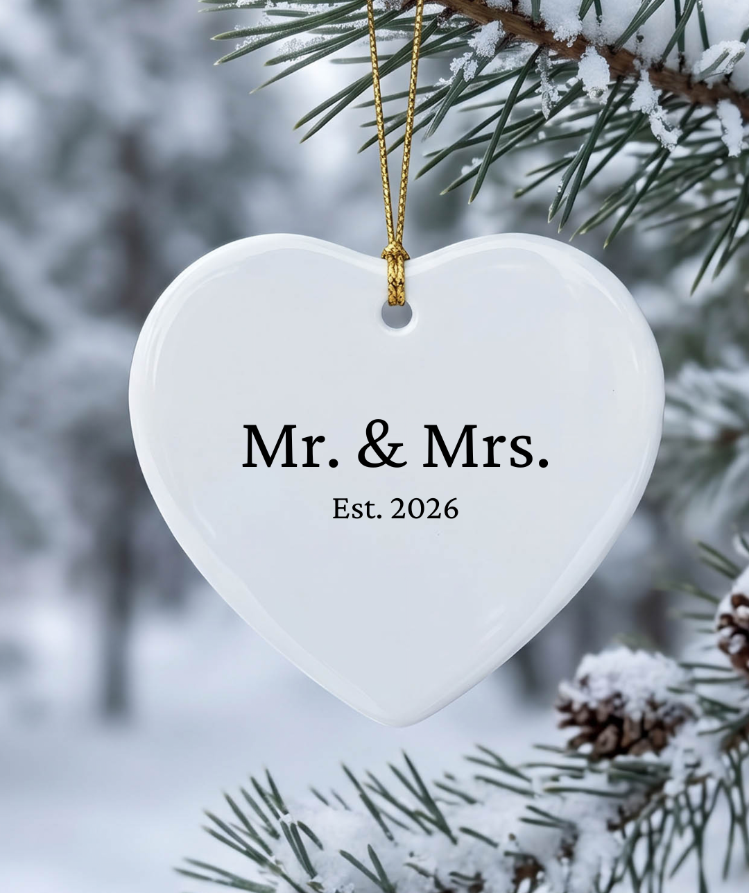 Mr. & Mrs. ceramic heart ornament, gold string