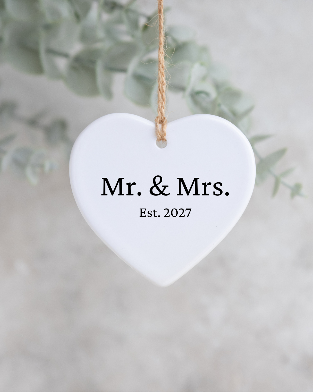 Mr. & Mrs. ceramic heart ornament, jute string